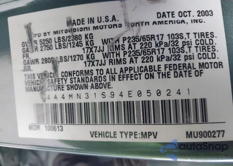 2004 Mitsubishi Endeavor Xls z USA, uszkodzony, nr VIN 4A4MN31S94E050241